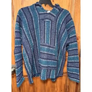 Men's Vintage Frank’s Textiles Baja Hippie Hoodie Poncho Sz XL Blue/Teal